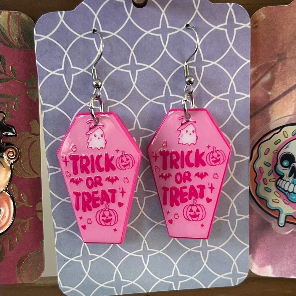 Pink Trick or Treat Coffin Earrings
